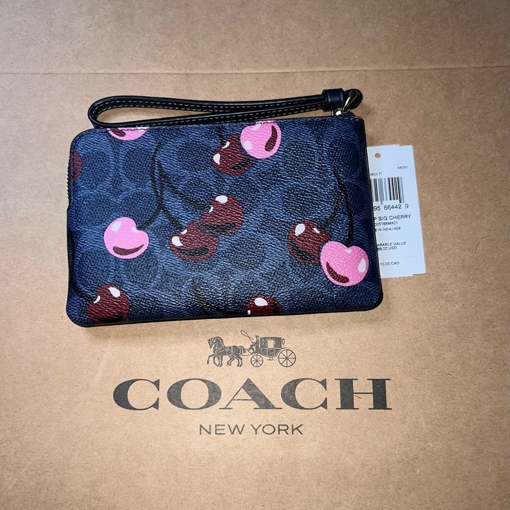 🍒NWT COACH Corner Zip Wristlet Blue Signature Canvas Cherry Print AUTHENTIC - Picture 2 of 8